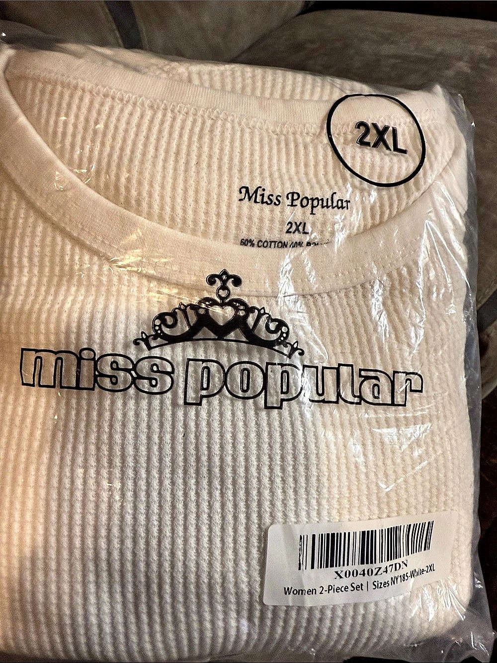 Miss Popular 2-Piece Set Ribbed Cotton thermal Set White 2XL NWT